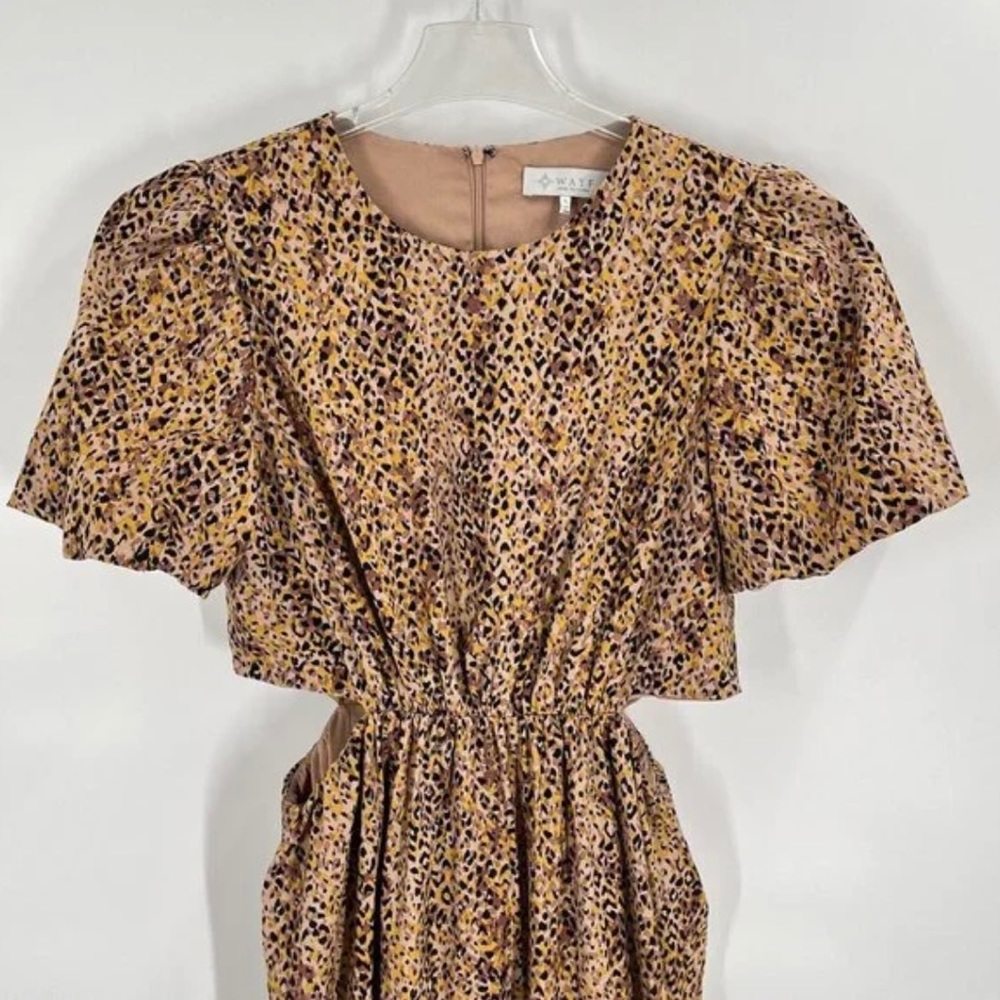 WAYF Leopard Print Maxi Dress Short Sleeve Cut Outs Puff Sleeve